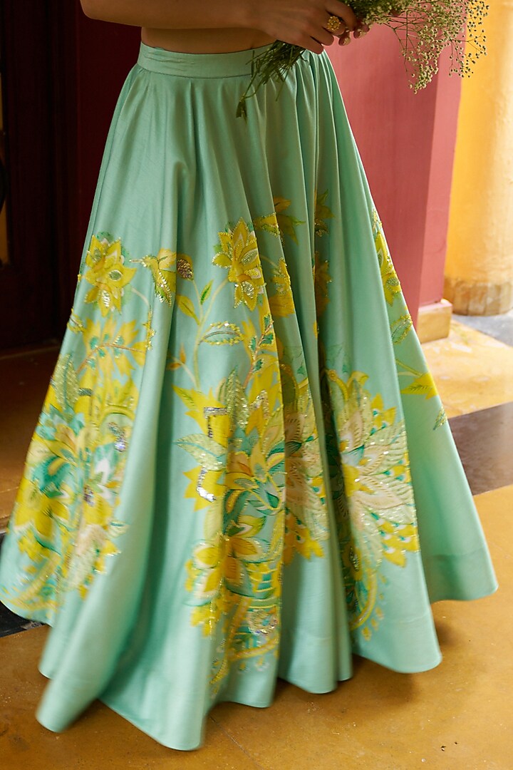 Green Bemberg Silk Printed Wedding Lehenga Set by Archana Shah at Pernia's Pop Up Shop