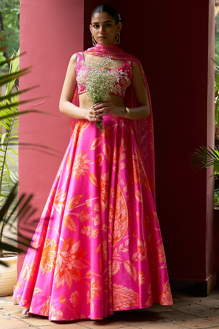 Pink Bemberg Silk Printed Wedding Lehenga Set by Archana Shah at Pernia's Pop Up Shop