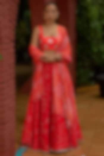 Orange Organza Printed Wedding Lehenga Set by Archana Shah at Pernia's Pop Up Shop