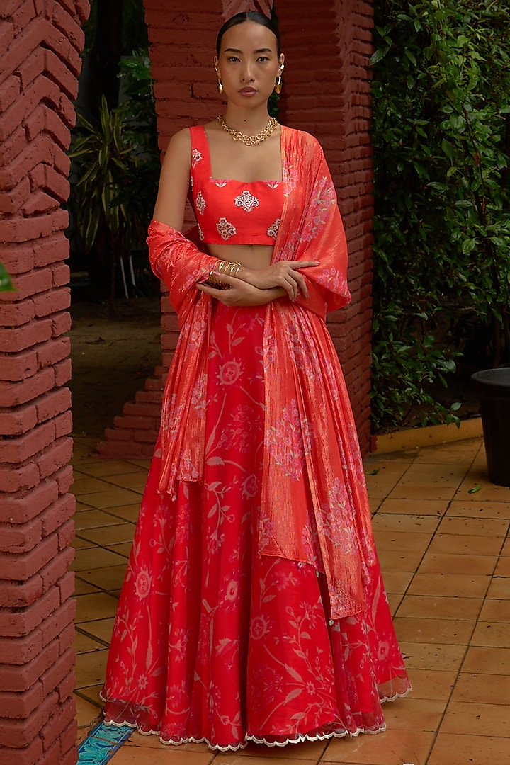 Orange Organza Printed Wedding Lehenga Set by Archana Shah at Pernia's Pop Up Shop