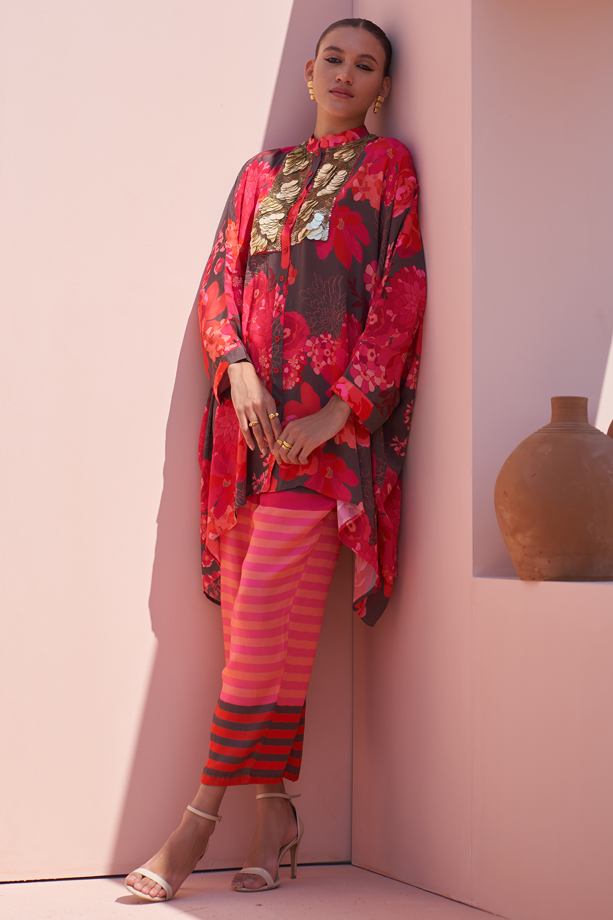 Brown Bemerg Crepe Sequins Embroidered & Printed Co-Ord Set by Archana Shah at Pernia's Pop Up Shop