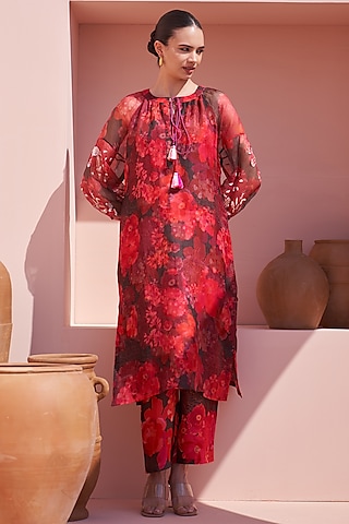 Brown Organza Hand Embroidered & Printed Kurta Set by Archana Shah