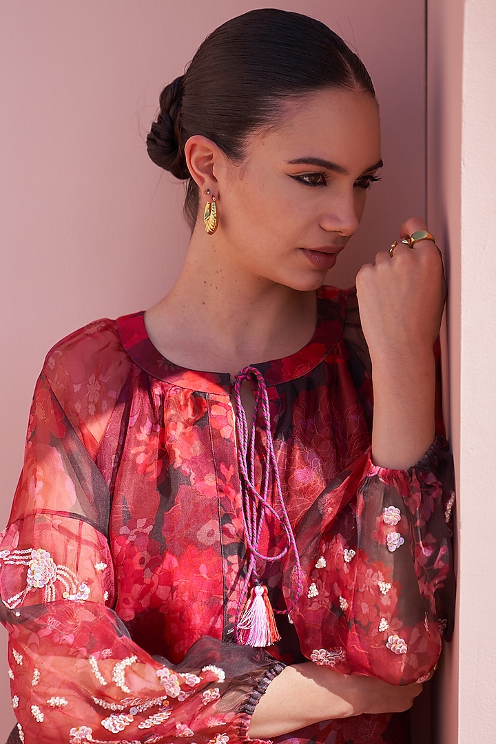 Brown Organza Hand Embroidered & Printed Kurta Set by Archana Shah at Pernia's Pop Up Shop