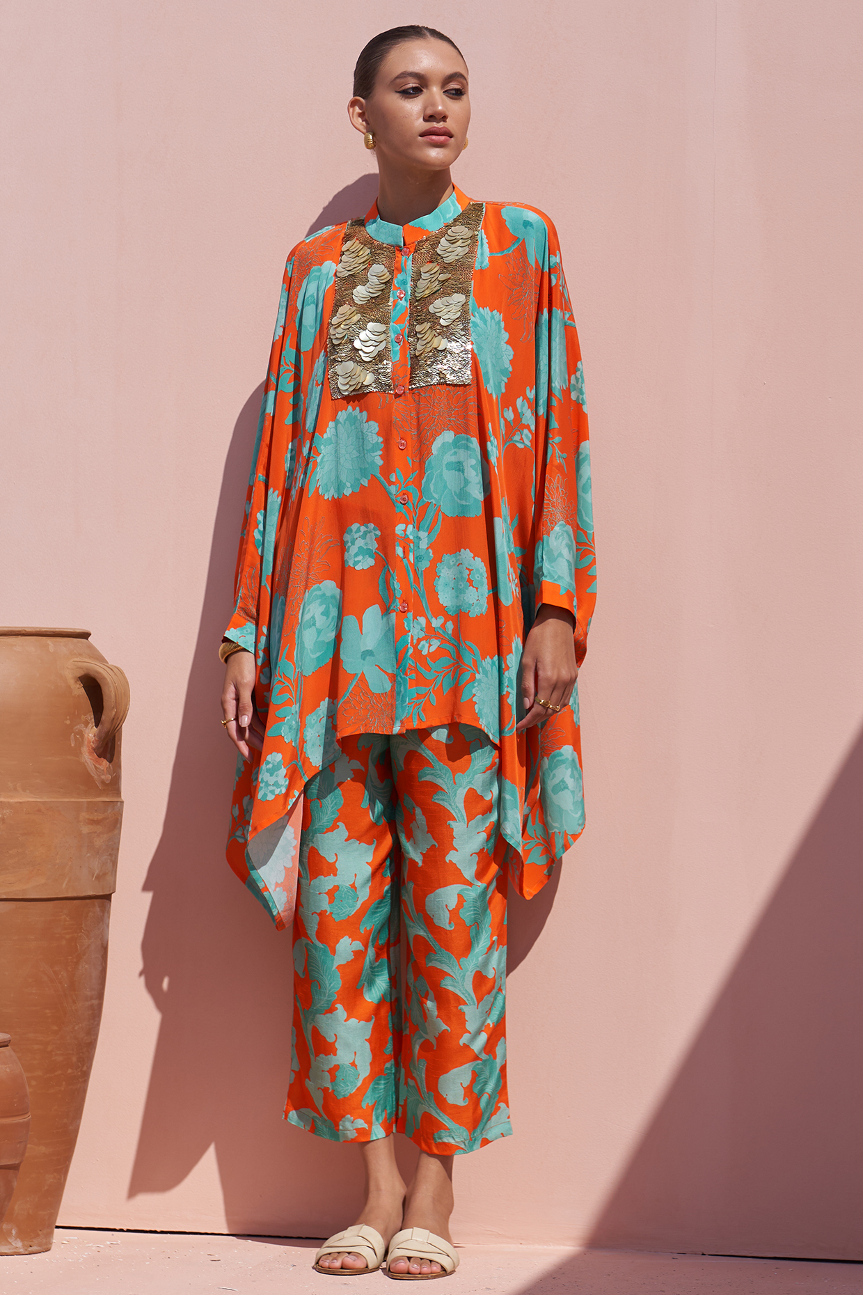 Orange Bemerg Crepe Embroidered & Printed Co-Ord Set by Archana Shah at Pernia's Pop Up Shop