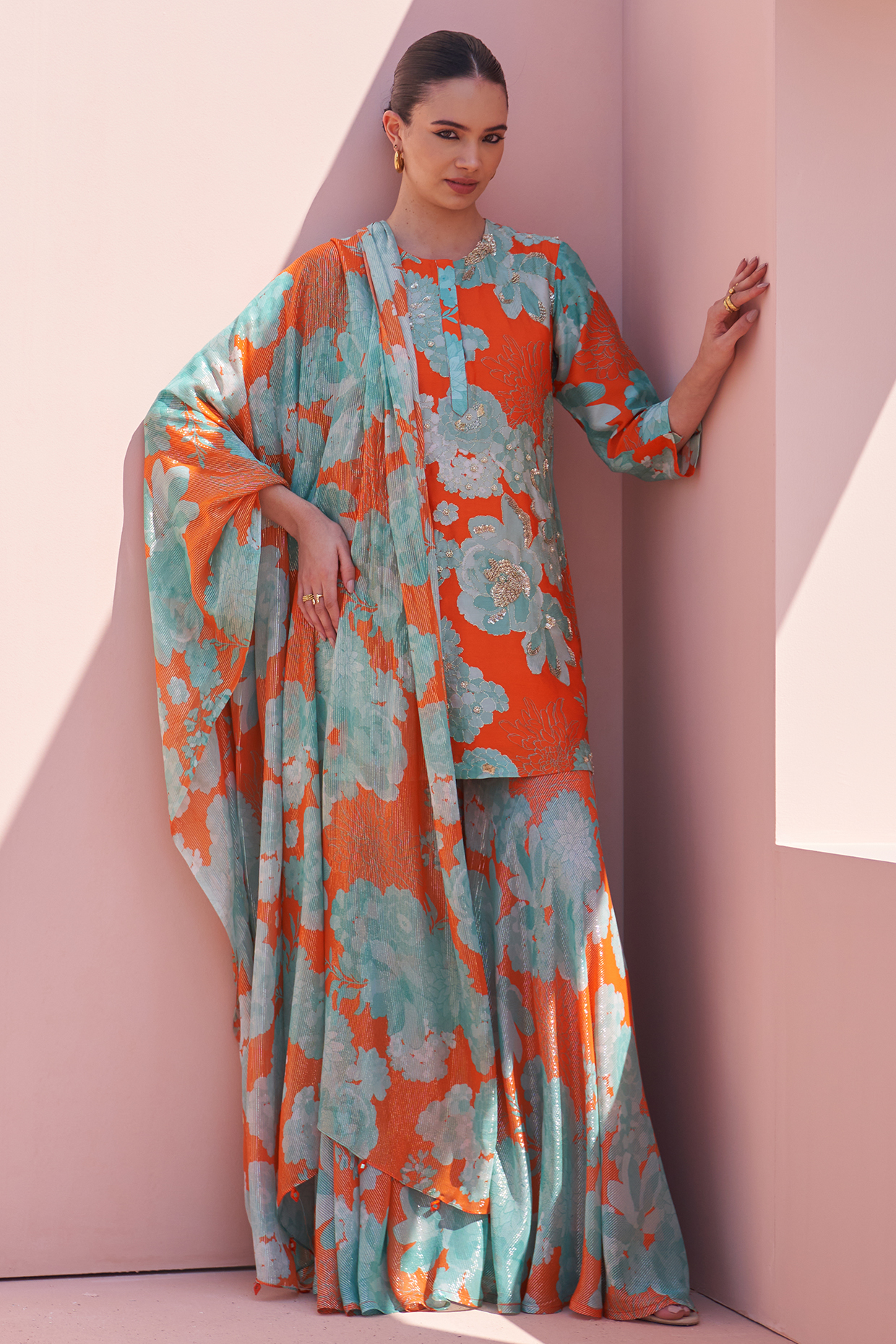 Orange Bemberg Printed Wedding Sharara Set by Archana Shah at Pernia's Pop Up Shop