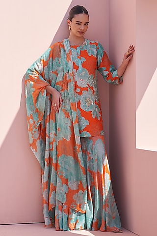 Orange Bemberg Printed Sharara Set by Archana Shah