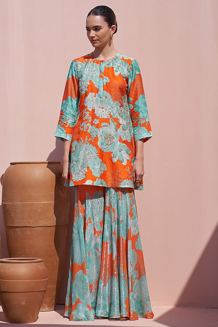 Orange Bemberg Printed Wedding Sharara Set by Archana Shah at Pernia's Pop Up Shop