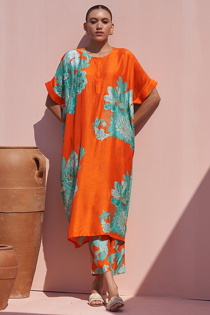 Orange Bemberg Silk Embroidered & Floral Printed Tunic Set by Archana Shah at Pernia's Pop Up Shop