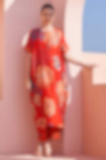 Red Bemberg Silk Embroidered & Floral Printed Tunic Set by Archana Shah at Pernia's Pop Up Shop