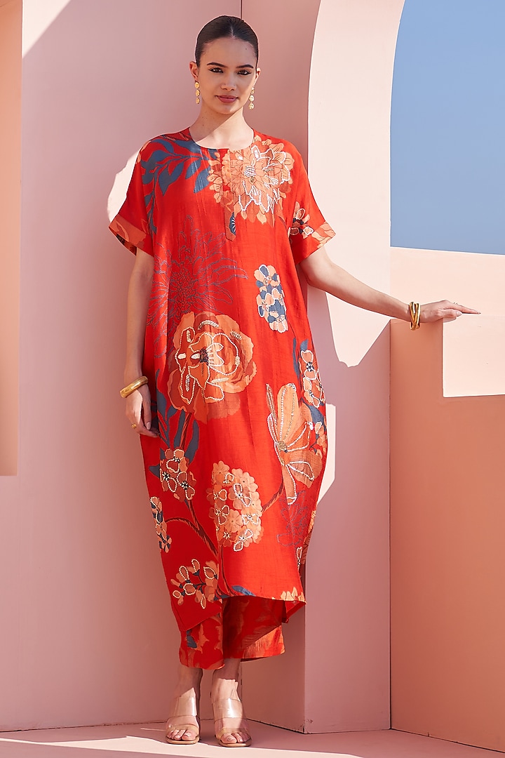 Red Bemberg Silk Embroidered & Floral Printed Tunic Set by Archana Shah at Pernia's Pop Up Shop