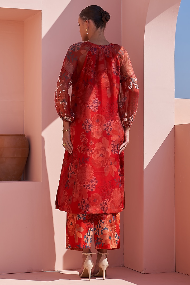 Red Organza Hand Embroidered & Printed Kurta Set by Archana Shah at Pernia's Pop Up Shop