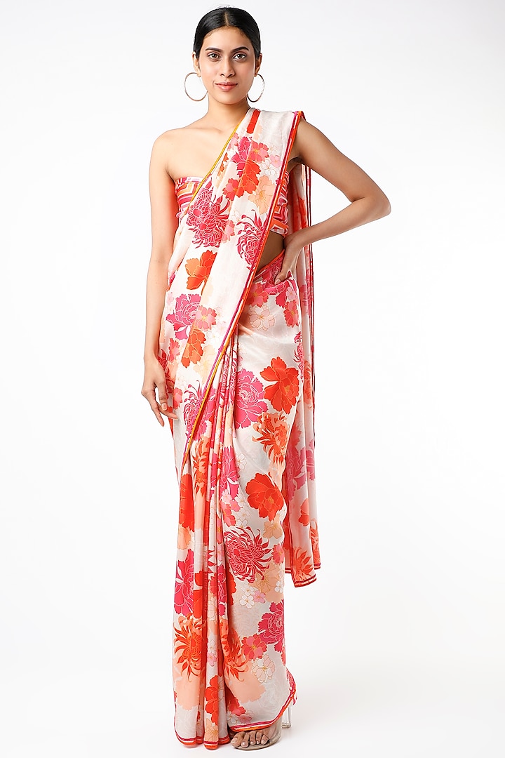 White & Orange Bemberg Silk Floral Printed Saree Set by Archana Shah