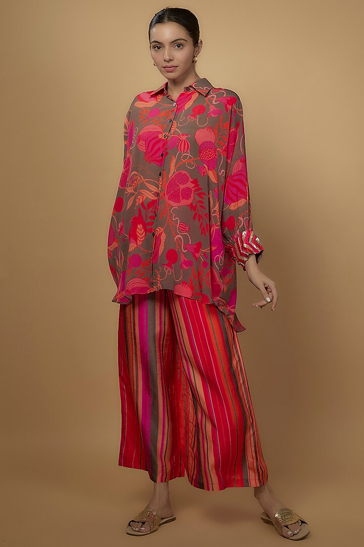 Multi-Colored Crepe Silk Striped Pant Set by Archana Shah