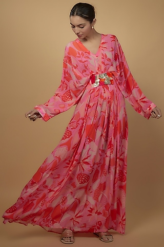 Pink Habutai Silk Printed Kaftan by Archana Shah