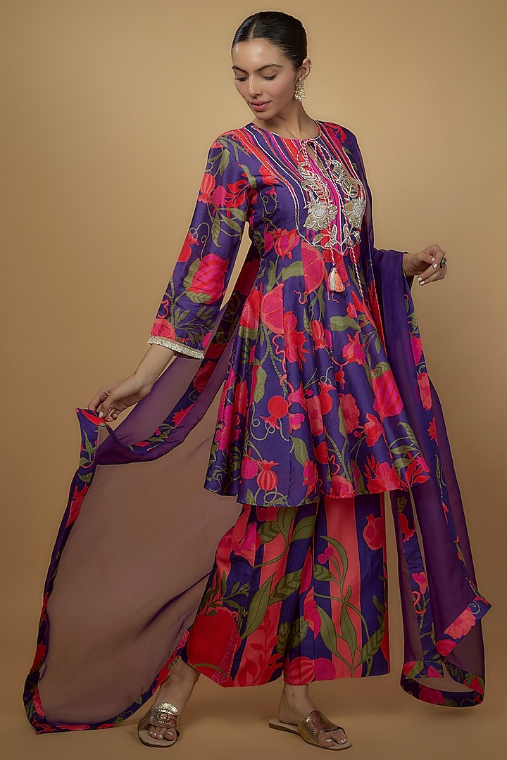 Purple Bemberg Silk Printed Sharara Set by Archana Shah
