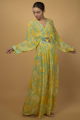 Mint & Yellow Habutai Silk Printed Kaftan by Archana Shah