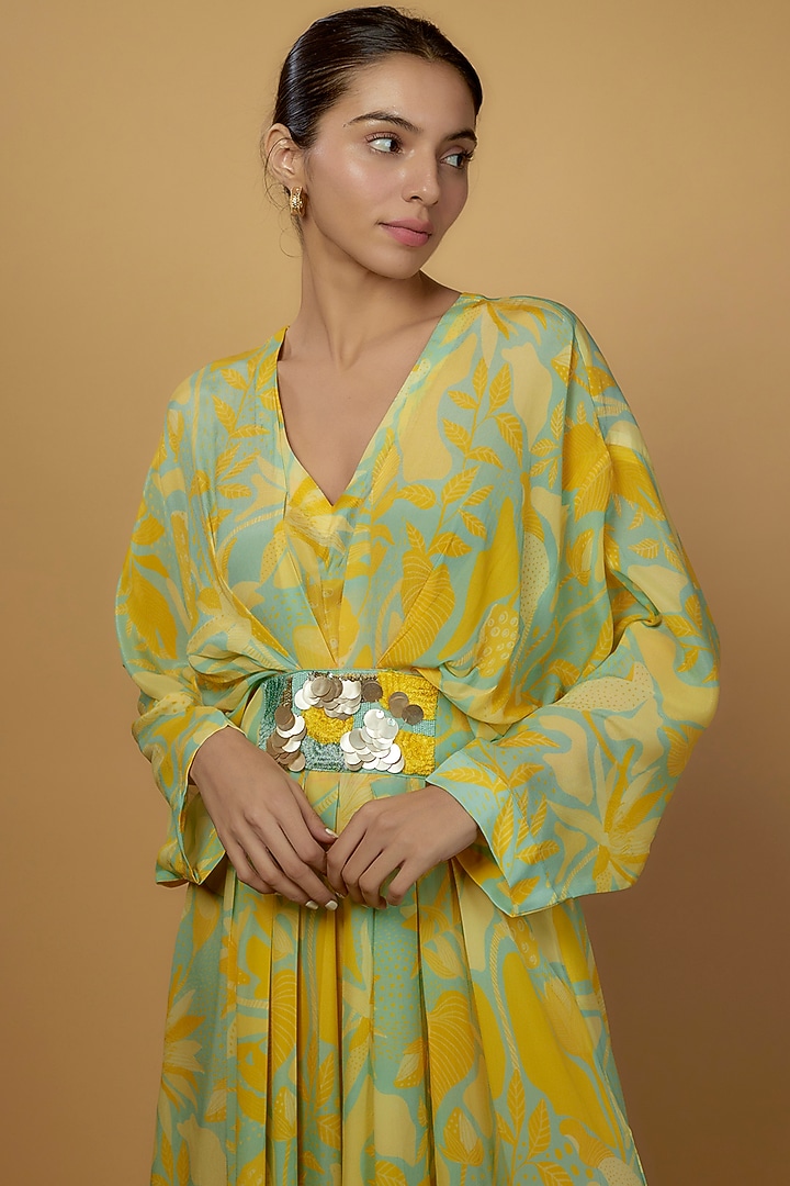Mint & Yellow Habutai Silk Printed Kaftan by Archana Shah at Pernia's Pop Up Shop