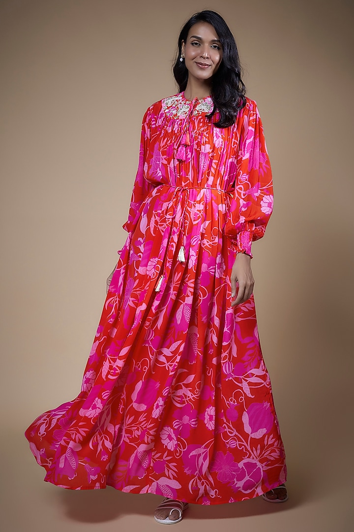 Red Crepe Printed Maxi Dress by Archana Shah