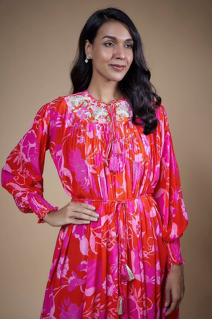 Red Crepe Printed Maxi Vacation Dress by Archana Shah at Pernia's Pop Up Shop