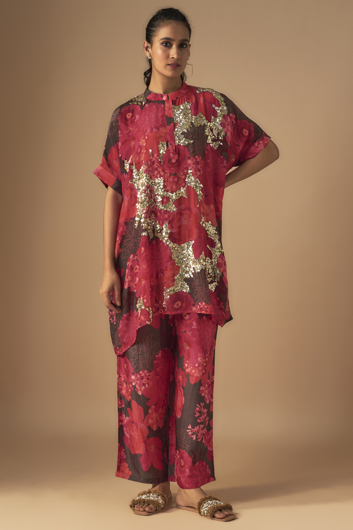 Brown Bemberg Crepe Sequins Embroidered Co-Ord Set by Archana Shah at Pernia's Pop Up Shop