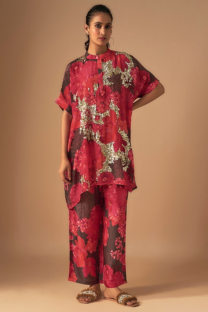 Brown Bemberg Crepe Sequins Embroidered Co-Ord Set by Archana Shah at Pernia's Pop Up Shop