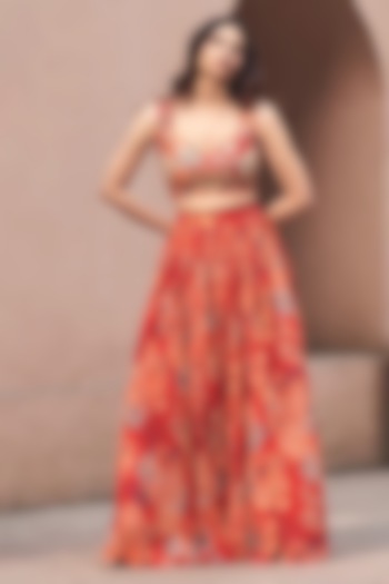 Red Bemberg Crepe Digital Printed Wedding Lehenga Set by Archana Shah at Pernia's Pop Up Shop