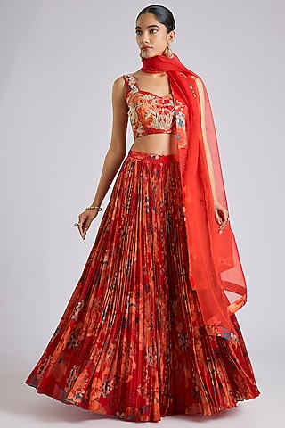 Red Bemberg Crepe Digital Printed Lehenga Set by Archana Shah