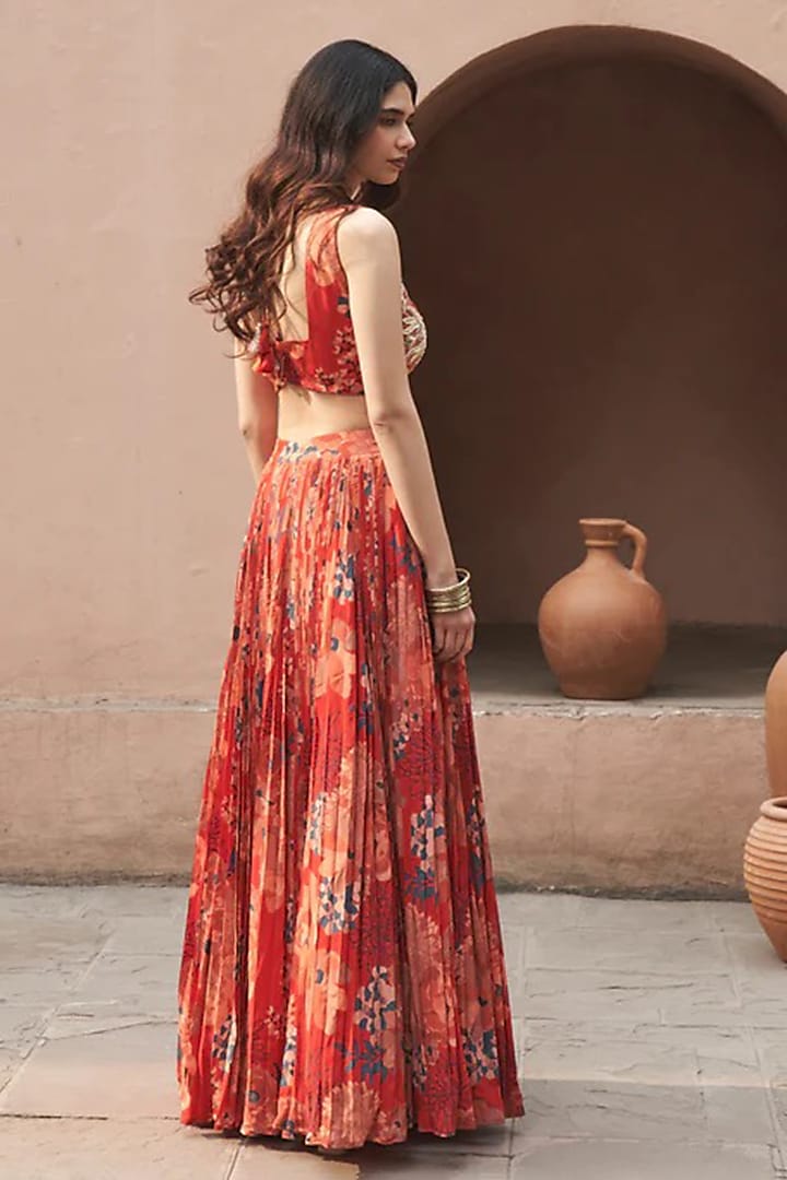 Red Bemberg Crepe Digital Printed Wedding Lehenga Set by Archana Shah at Pernia's Pop Up Shop