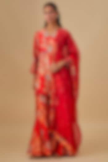 Red Bemberg Silk Floral Digital Printed Wedding Sharara Set by Archana Shah at Pernia's Pop Up Shop
