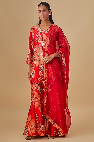 Red Bemberg Silk Floral Digital Printed Sharara Set by Archana Shah
