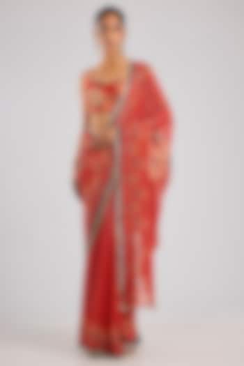 Red Shimmer Georgette Wedding Saree Set by Archana Shah at Pernia's Pop Up Shop