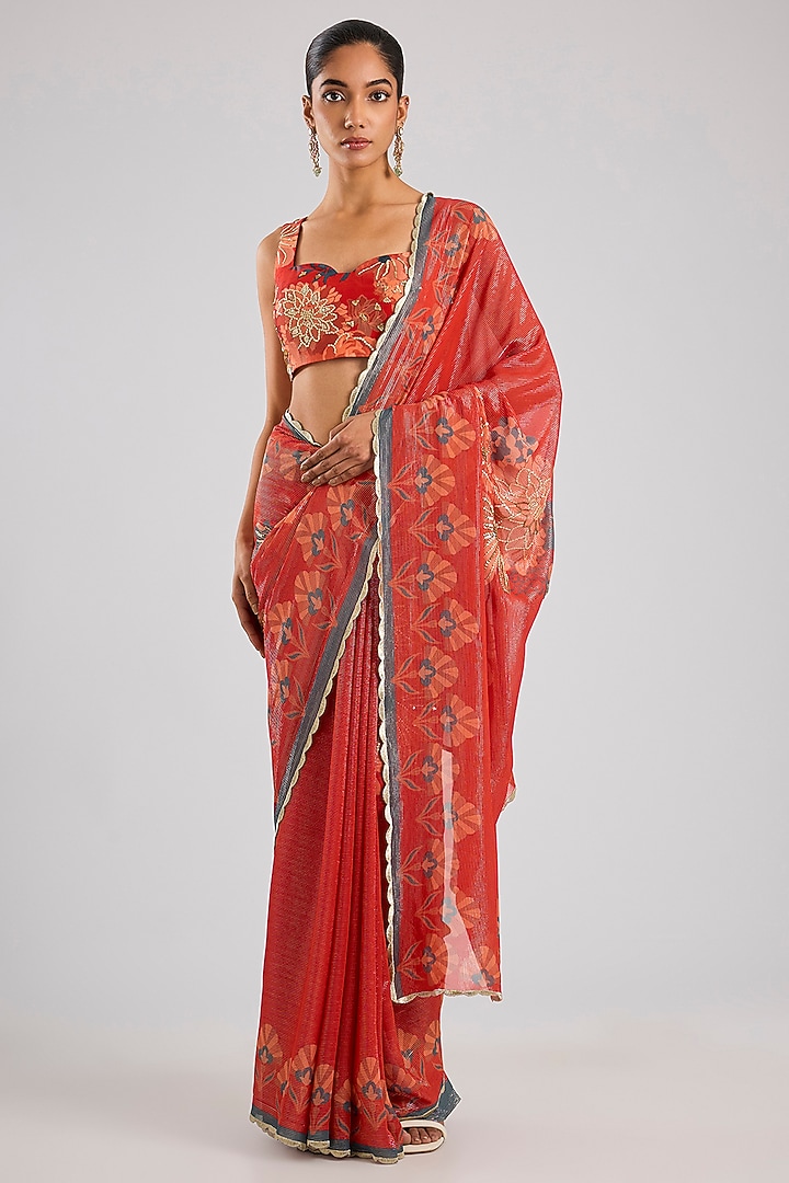 Red Shimmer Georgette Wedding Saree Set by Archana Shah at Pernia's Pop Up Shop