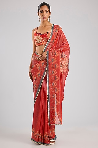 Red Shimmer Georgette Saree Set by Archana Shah