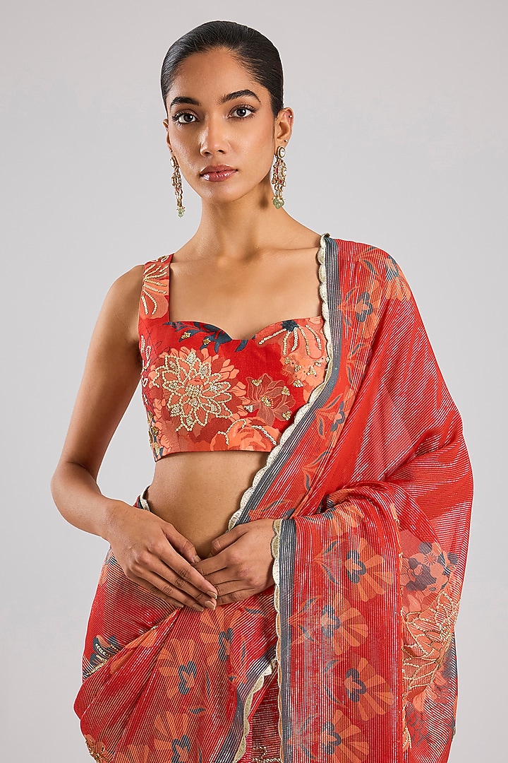Red Shimmer Georgette Wedding Saree Set by Archana Shah at Pernia's Pop Up Shop