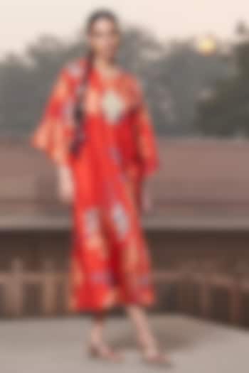 Red Bemberg Silk Digital Printed & Hand Embroidered Kimono by Archana Shah at Pernia's Pop Up Shop