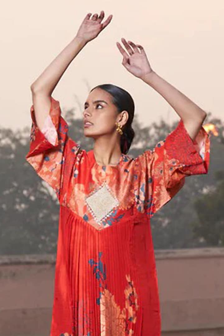 Red Bemberg Silk Digital Printed & Hand Embroidered Kimono by Archana Shah at Pernia's Pop Up Shop