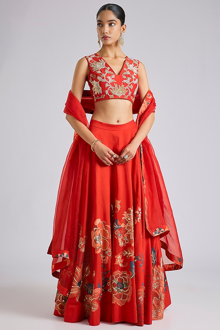 Red Silk Printed & Hand Embroidered Wedding Lehenga Set by Archana Shah at Pernia's Pop Up Shop
