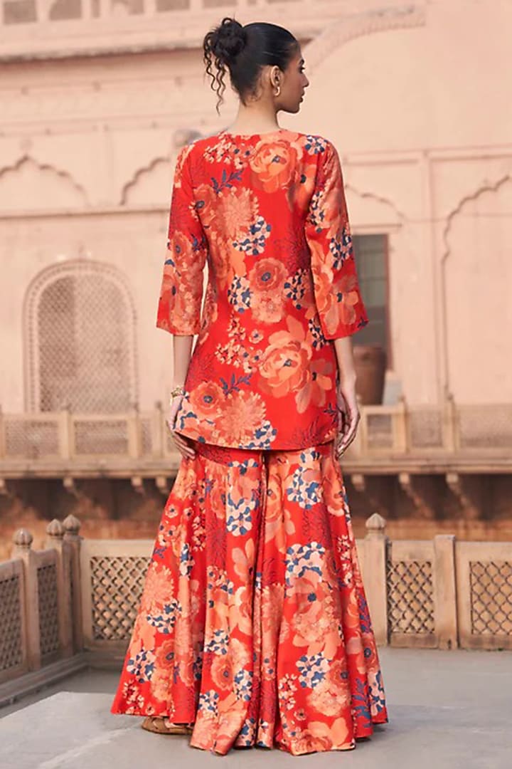 Red Bemberg Silk Digital Printed Wedding Sharara Set by Archana Shah at Pernia's Pop Up Shop