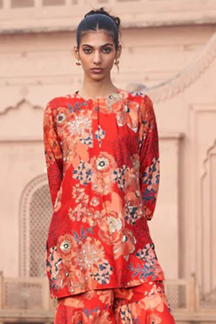 Red Bemberg Silk Digital Printed Wedding Sharara Set by Archana Shah at Pernia's Pop Up Shop