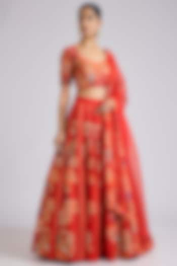 Red Silk Printed & Hand Embroidered Wedding Lehenga Set by Archana Shah at Pernia's Pop Up Shop