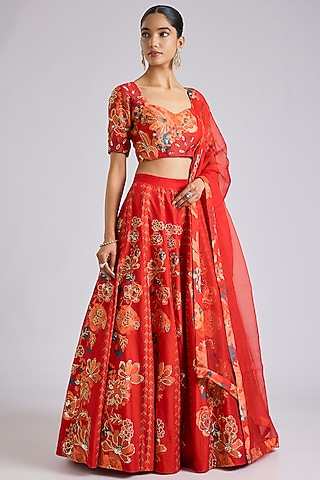 Red Silk Printed & Hand Embroidered Lehenga Set by Archana Shah