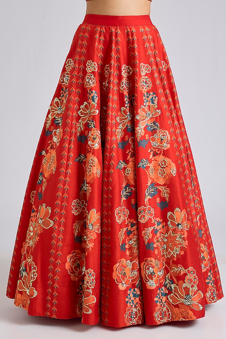 Red Silk Printed & Hand Embroidered Wedding Lehenga Set by Archana Shah at Pernia's Pop Up Shop