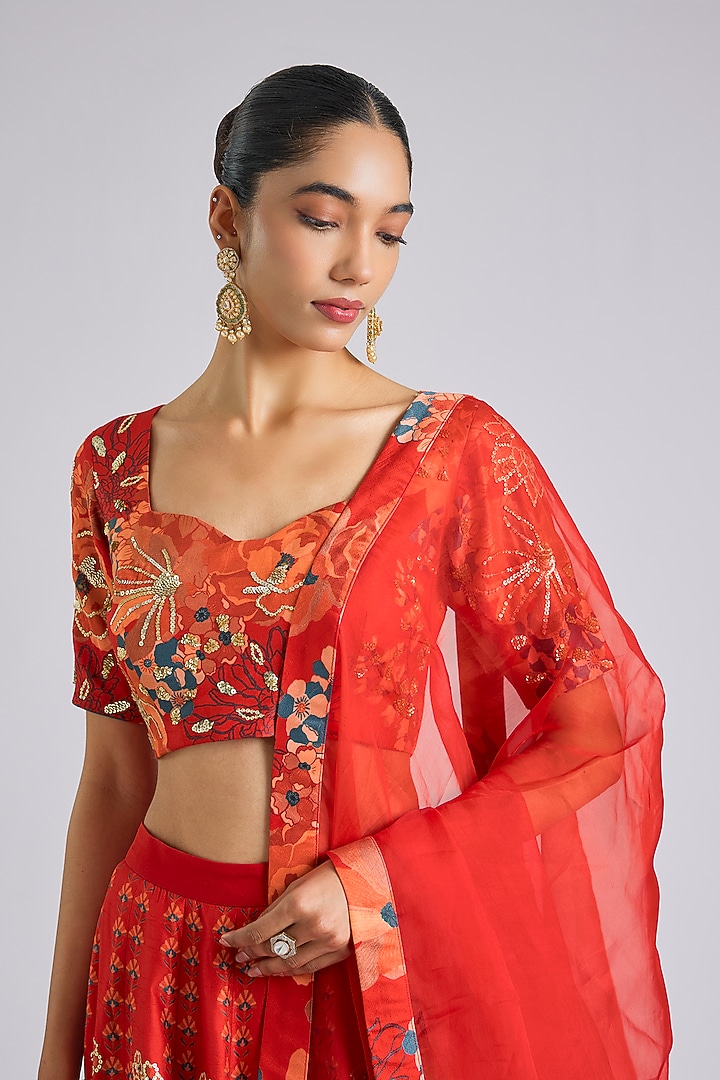 Red Silk Printed & Hand Embroidered Wedding Lehenga Set by Archana Shah at Pernia's Pop Up Shop