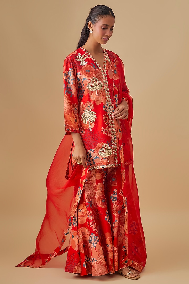 Red Bemberg Silk Floral Digital Printed Wedding Sharara Set by Archana Shah at Pernia's Pop Up Shop