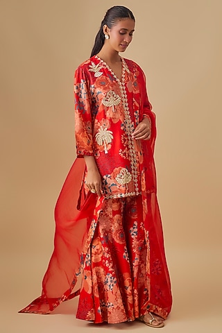 Red Bemberg Silk Floral Digital Printed Sharara Set by Archana Shah