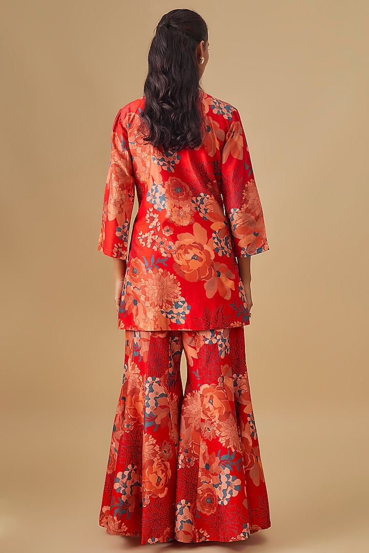 Red Bemberg Silk Floral Digital Printed Wedding Sharara Set by Archana Shah at Pernia's Pop Up Shop