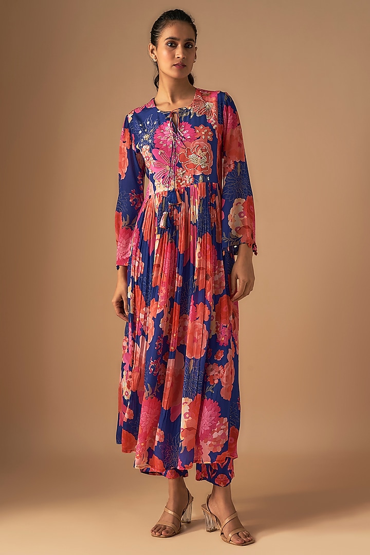 Blue Bemberg Crepe Zardosi Hand Embroidered Tunic Set by Archana Shah at Pernia's Pop Up Shop