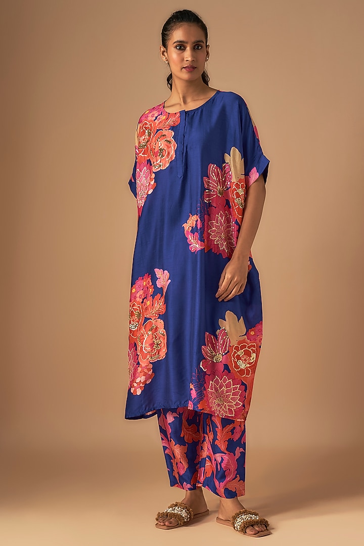 Blue Bemberg Silk Printed & Hand Embroidered Tunic Set by Archana Shah at Pernia's Pop Up Shop