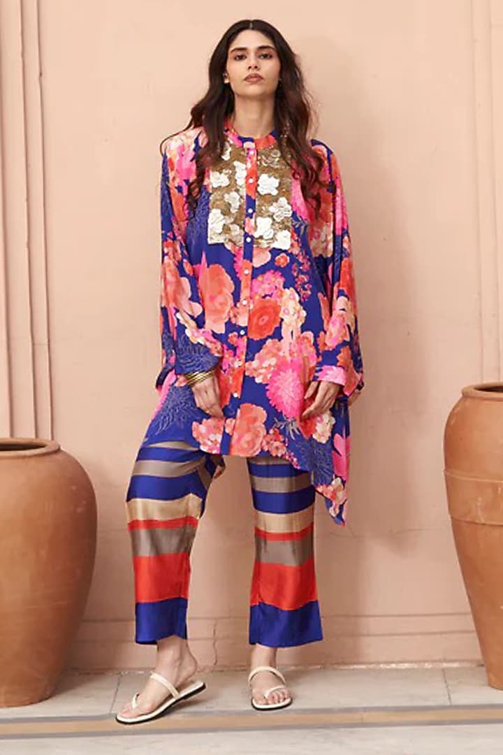 Blue Bemberg Crepe & Silk Printed Co-Ord Set by Archana Shah at Pernia's Pop Up Shop