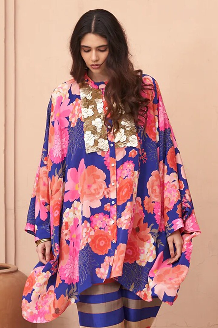 Blue Bemberg Crepe & Silk Printed Co-Ord Set by Archana Shah at Pernia's Pop Up Shop